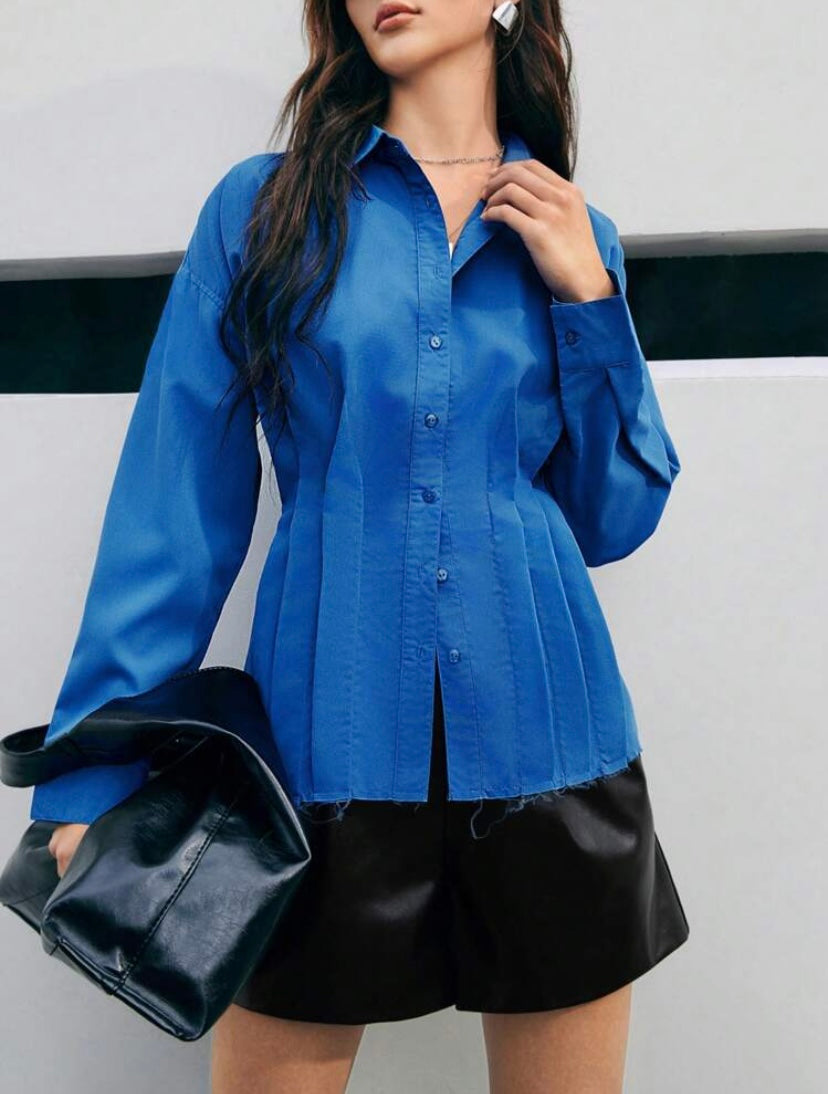 CM-TS002025 Women Elegant Seoul Style Long Sleeve Blouse With Lapel - Blue