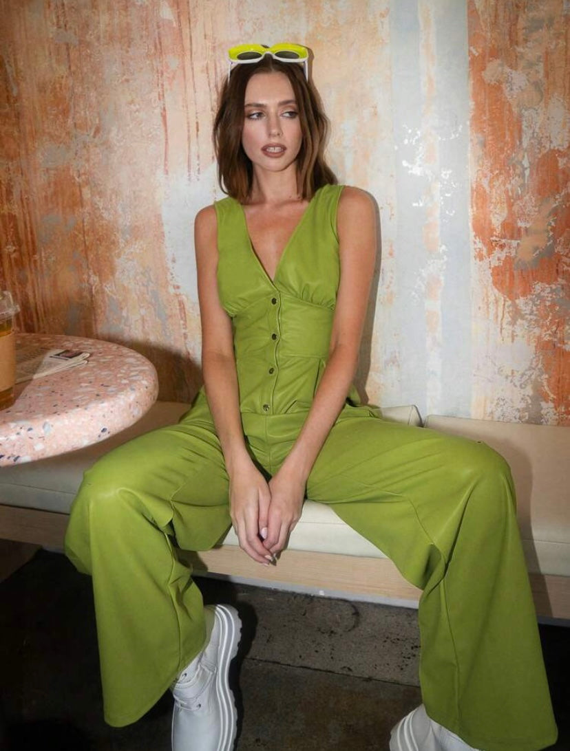 CM-JS747775 Women Casual Seoul Style Button Front PU Leather Jumpsuit - Green