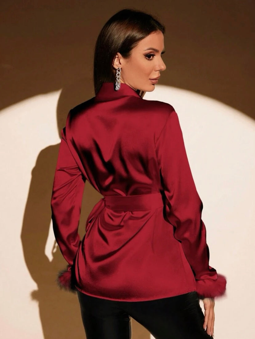 CM-TS724333 Women Elegant Seoul Style Fuzzy Cuff Knot Side Wrap Blouse - Red