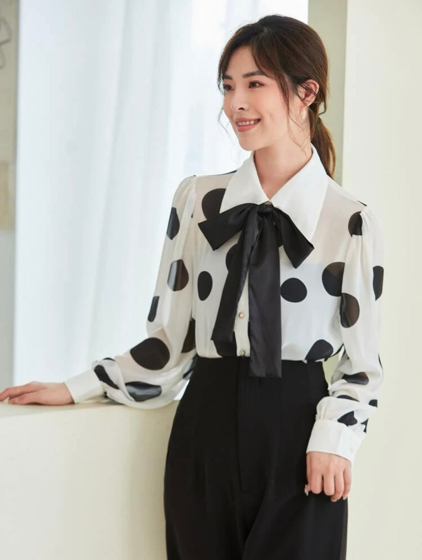 CM-TS083170 Women Elegant Seoul Style Polka Dot Tie Neck Long Sleeve Shirt