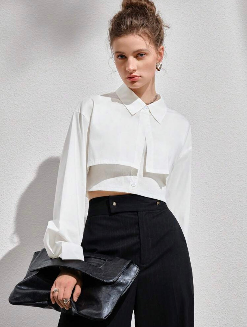 CM-TS834952 Women Elegant Seoul Style Solid Drop Shoulder Crop Top With Cami Top