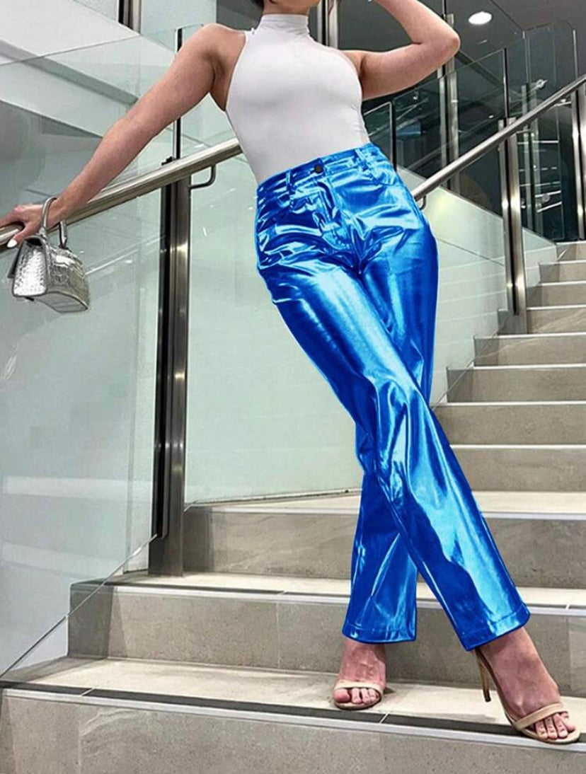 CM-BS330094 Women Elegant Seoul Style Shiny Straight Leg Trousers - Blue