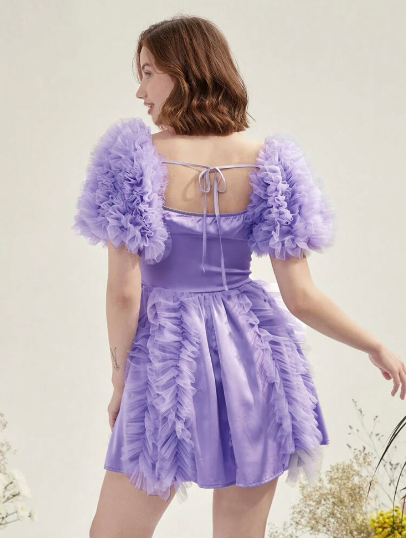 CM-DS365175 Women Elegant Seoul Style Sweetheart Neck Mesh Ruffle Trim Puff Sleeve Dress