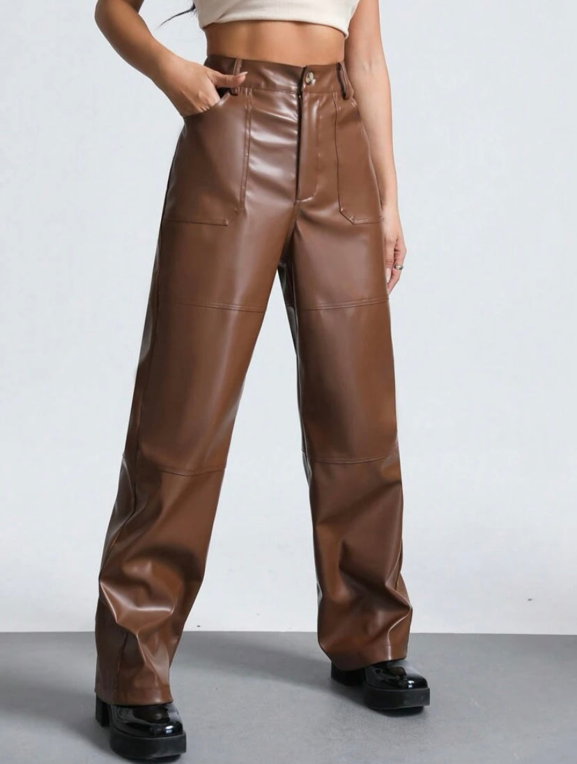 CM-BS155433 Women Elegant Seoul Style PU Leather Wide Leg Pants - Brown