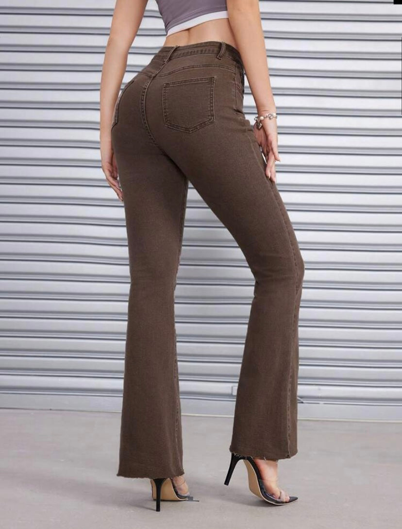 CM-BS164863 Women Casual Seoul Style High Waist Flare Leg Jeans - Coffee Brown