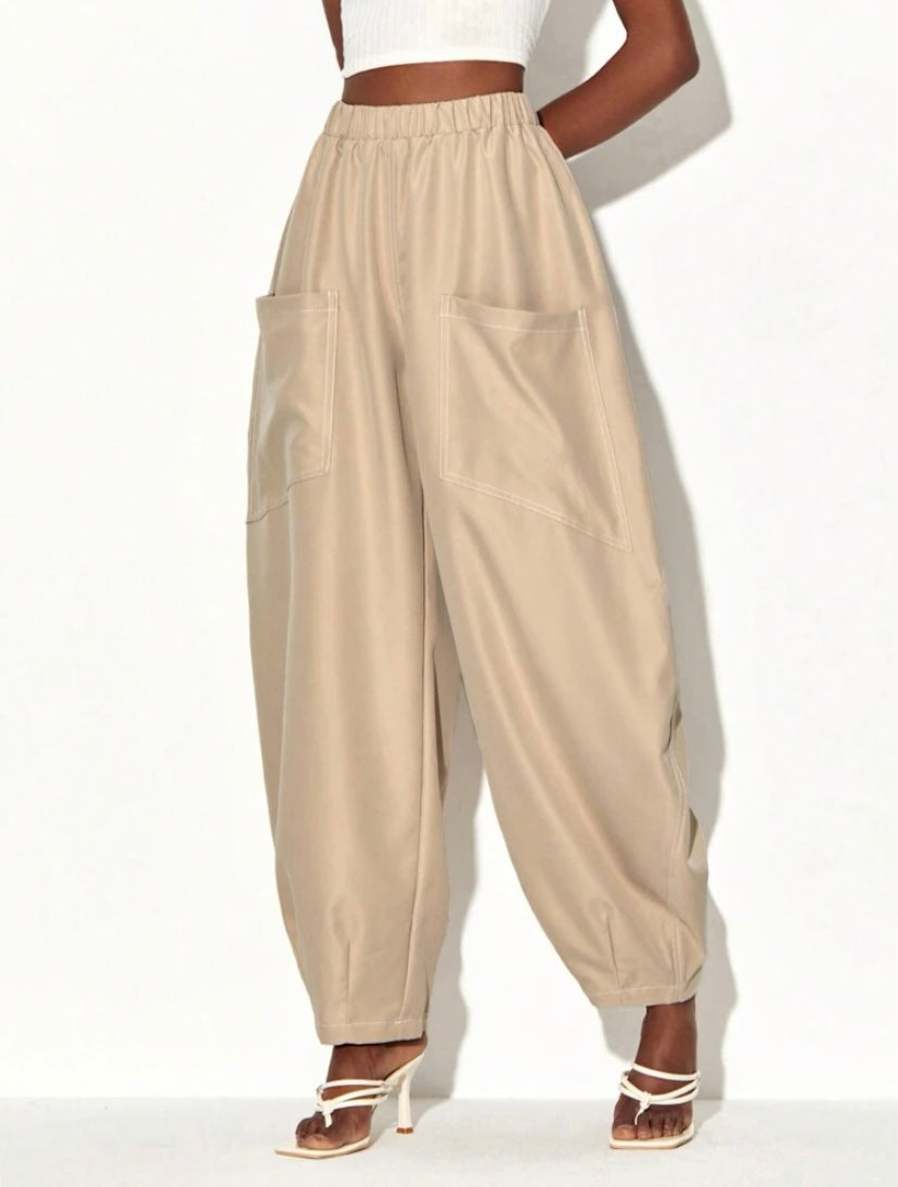 CM-BS261851 Women Casual Seoul Style Dual Pocket Side Drop Crotch Pants - Khaki