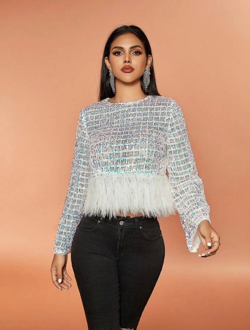 CM-TS504002 Women Elegant Seoul Style Round Neck Long Sleeve Fuzzy Hem Sequin Tee - White