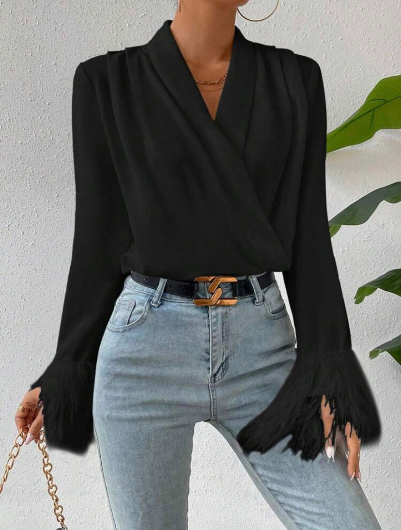 CM-TS068200 Women Elegant Seoul Style V-Neck Solid Fringe Cuff Wrap Blouse - Black