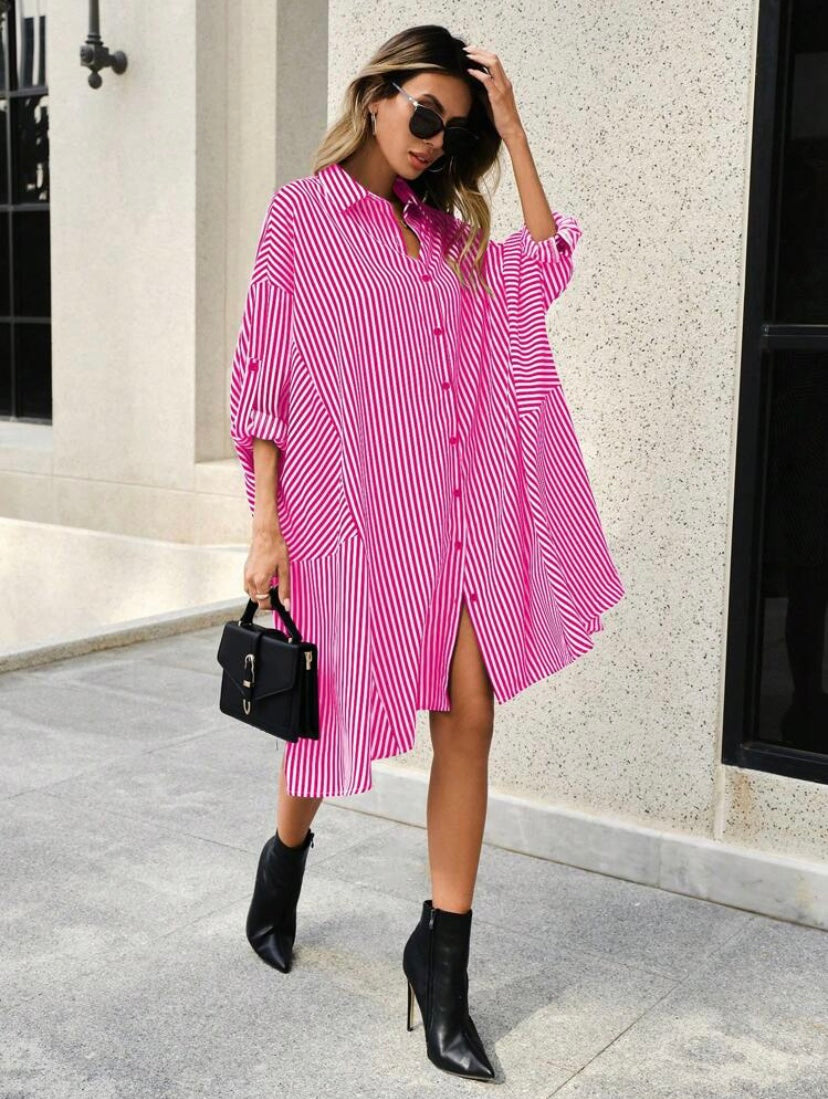 CM-DS914389 Women Casual Seoul Style Striped Print Roll Up Sleeve Button Front Shirt Dress