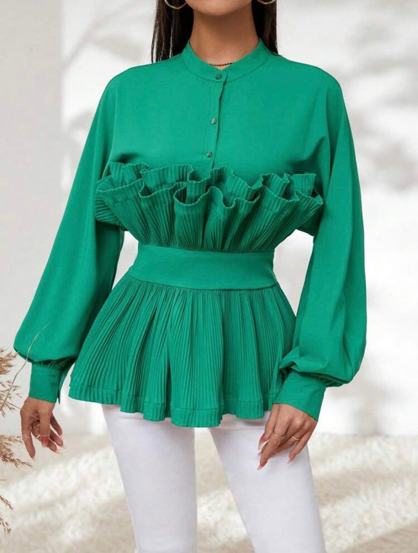 CM-TS240043 Women Elegant Seoul Style Ruffle Trim Lantern Sleeve Peplum Blouse - Dark Green