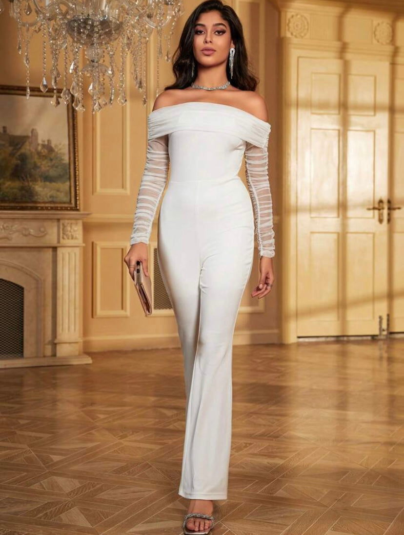 CM-JS906727 Women Elegant Seoul Style Off Shoulder Contrast Mesh Ruched Flare Leg Jumpsuit