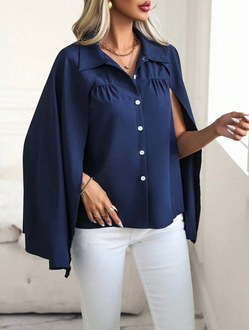 CM-TS331615 Women Casual Seoul Style Cloak Sleeve Button Front Shirt - Navy Blue