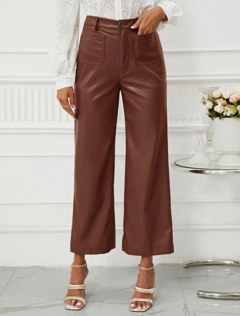 CM-BS519174 Women Casual Seoul Style High Waist PU Leather Wide Leg Pants - Coffee Brown