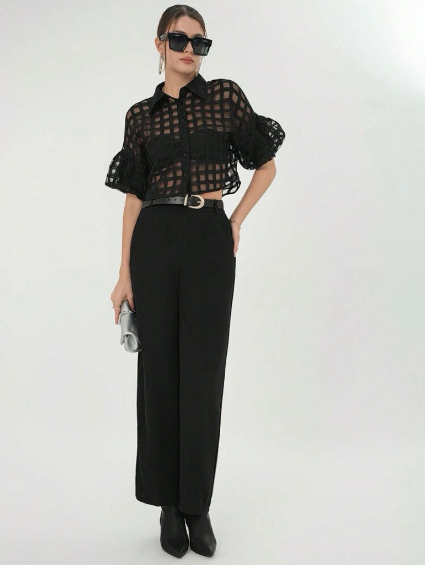 CM-TS612688 Women Casual Seoul Style Plaid Mesh Drop Shoulder Crop Shirt - Black