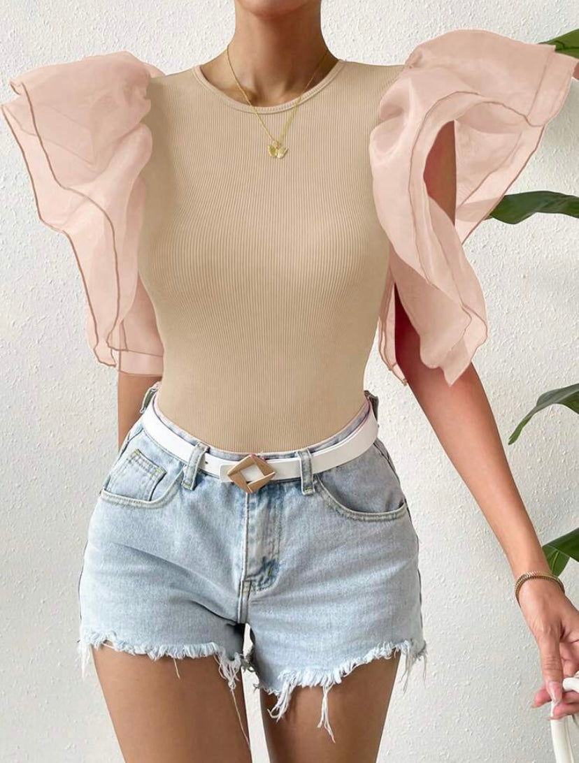 CM-TS515188 Women Casual Seoul Style Contrast Mesh Butterfly Sleeve Bodysuit - Khaki