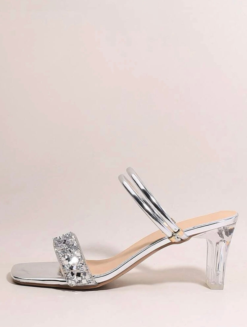 CM-SHS231717 Women Trendy Seoul Style Rhinestone Chunky Heeled Slide Sandals - Silver