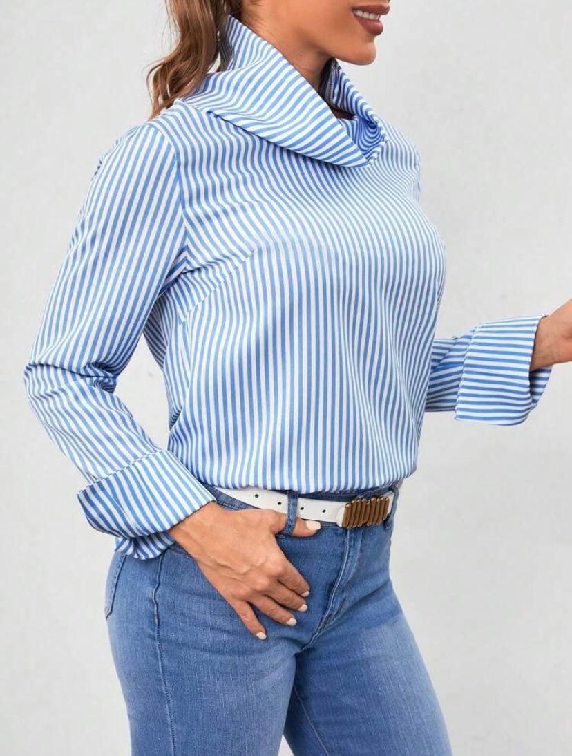 CM-TS363791 Women Casual Seoul Style Striped Print Button Detail High Neck Blouse