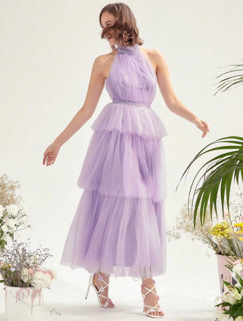 CM-DS328536 Women Elegant Seoul Style Tie Backless Layer Hem Mesh Overlay Halter Neck Dress