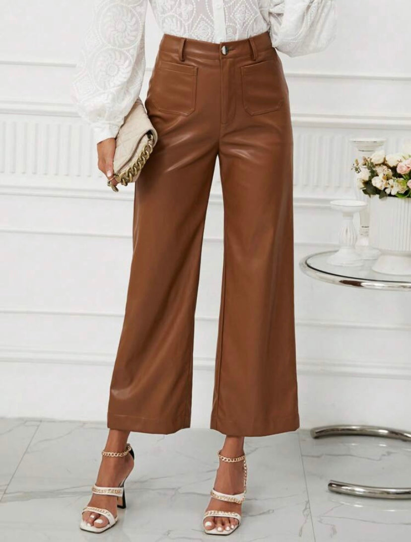 CM-BS505095 Women Casual Seoul Style High Waist PU Leather Wide Leg Pants - Brown