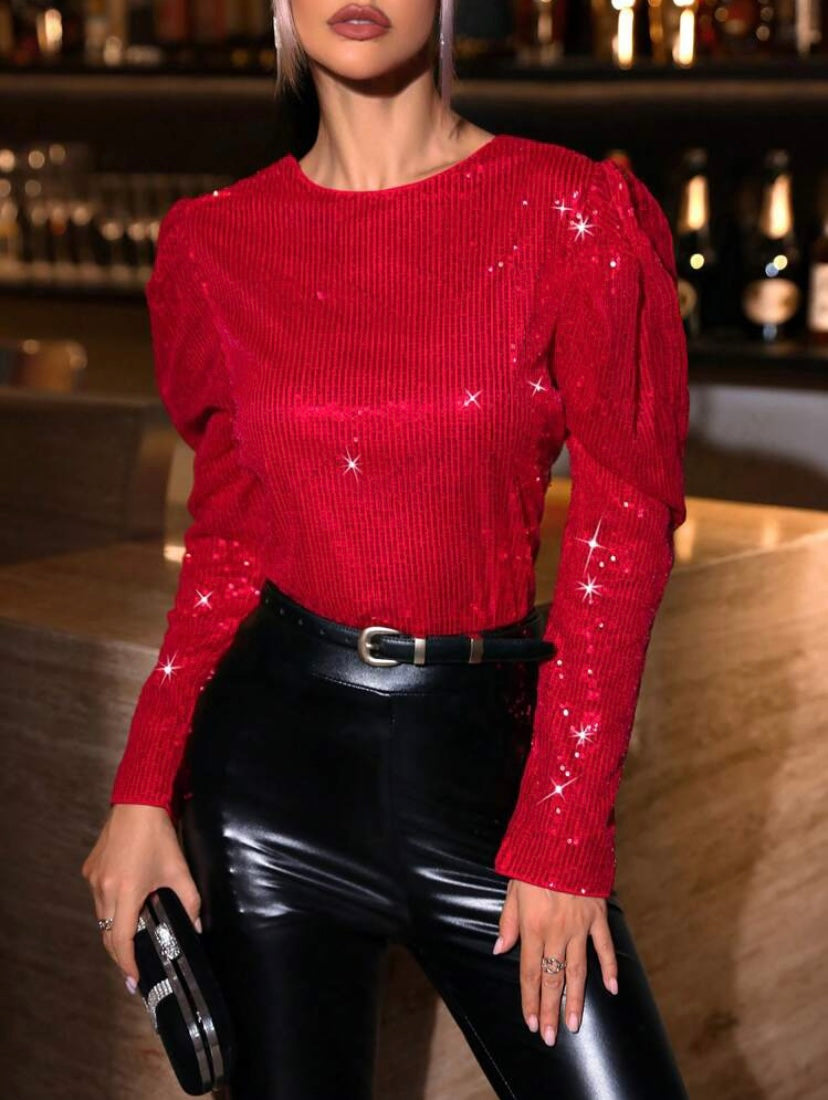CM-TS105525 Women Elegant SeoulL Style Backless Tie Knot Leg Of Mutton Sleeves Sparkle Shirt