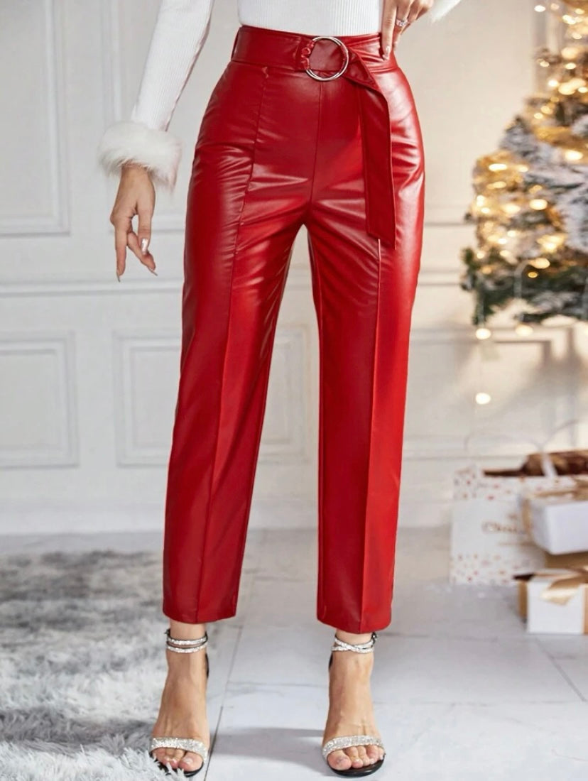 CM-BS798991 Women Elegant Seoul Style High Waist Belted PU Leather Pants - Red