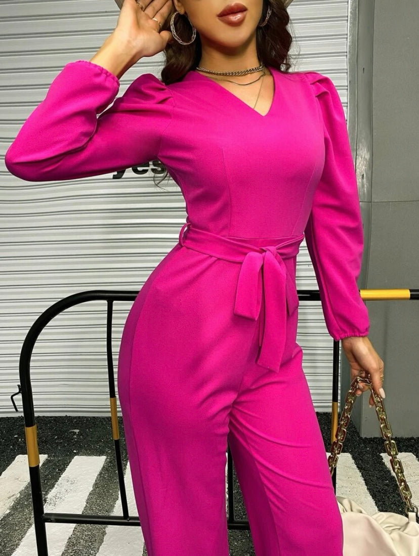 CM-JS843979 Women Casual Seoul Style V-Neck Puff Sleeve Belted Jumpsuit - Hot Pink