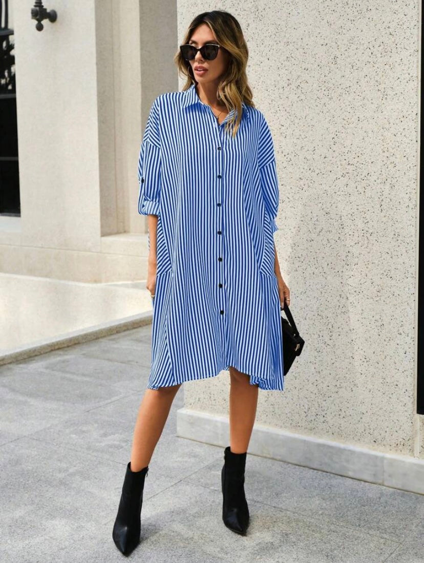 CM-DS880393 Women Casual Seoul Style Striped Print Roll Up Sleeve Button Front Shirt Dress