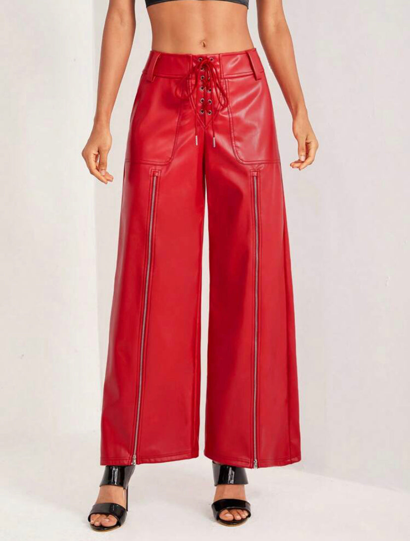 CM-BS616911 Women Elegant Seoul Style PU Leather Lace Up Front Wide Leg Pants - Red