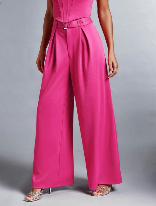 CM-BS377138 Women Elegant Seoul Style Fold Pleated Detail Wide Leg Pants - Hot Pink