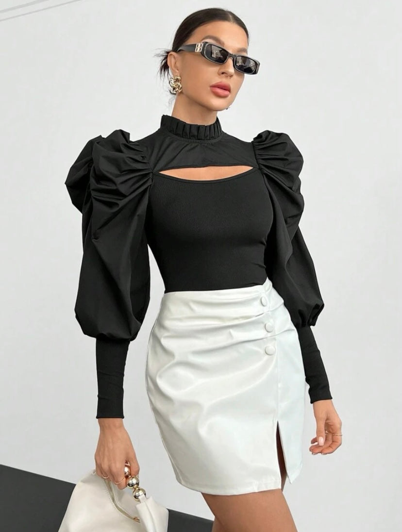 CM-TS365112 Women Casual Seoul Style Mock Neck Cut Out Front Gigot Sleeve Frill Trim Top