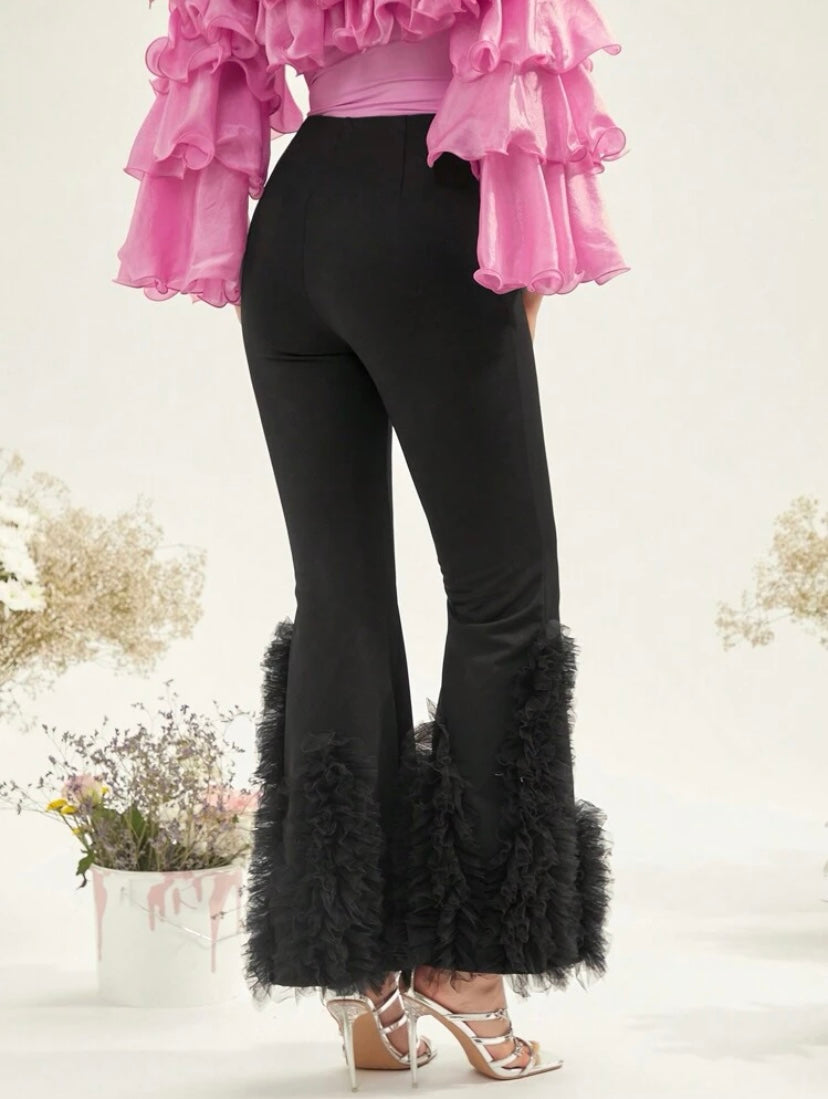 CM-BS234157 Women Elegant Seoul Style Contrast Mesh Flare Leg Pants - Black