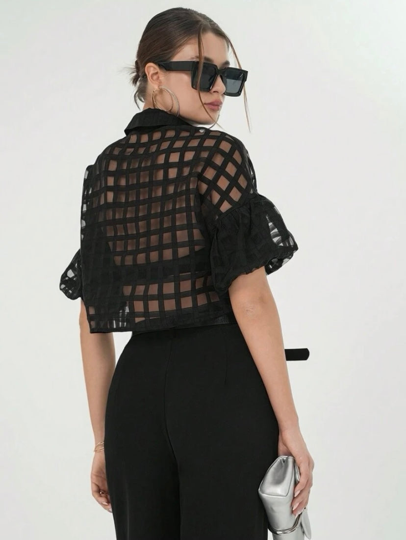 CM-TS612688 Women Casual Seoul Style Plaid Mesh Drop Shoulder Crop Shirt - Black