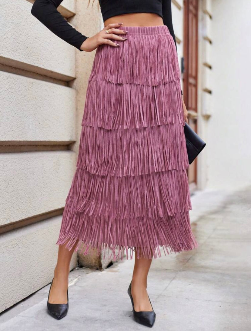 CM-BS188038 Women Elegant Seoul Style Solid Layered Fringe Trim Skirt - Dusty Pink