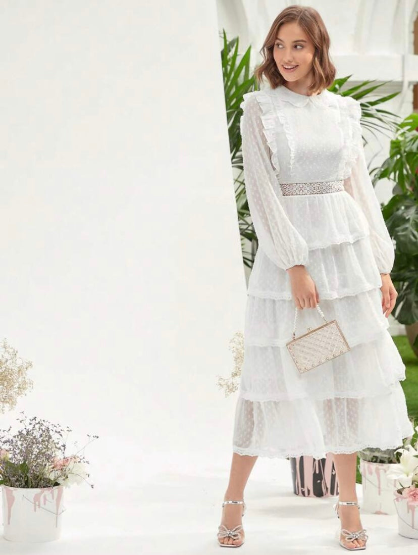 CM-DS095840 Women Elegant Seoul Style Swiss Dot Ruffle Trim Lantern Sleeve Layered Hem Dress