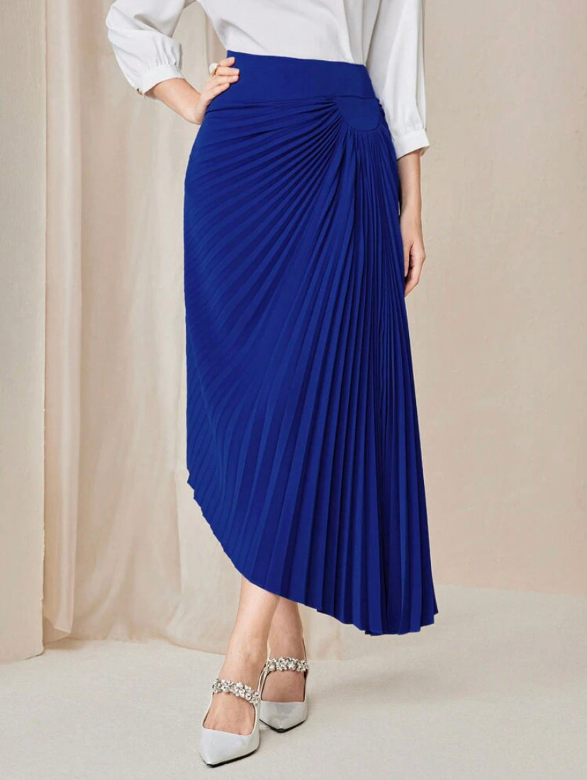 CM-BS692083 Women Elegant Seoul Style Solid Asymmetrical Hem Pleated Skirt - Blue