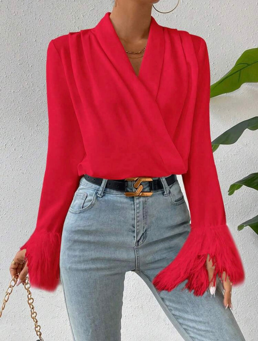 CM-TS349939 Women Elegant Seoul Style V-Neck Solid Fringe Cuff Wrap Blouse - Red