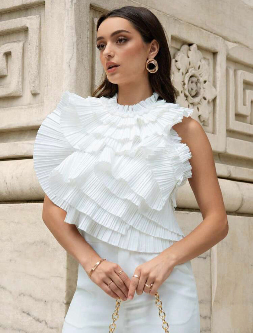 CM-TS966954 Women Elegant Seoul Style Open Back Pleated Ruffle Trim Tank Top - White