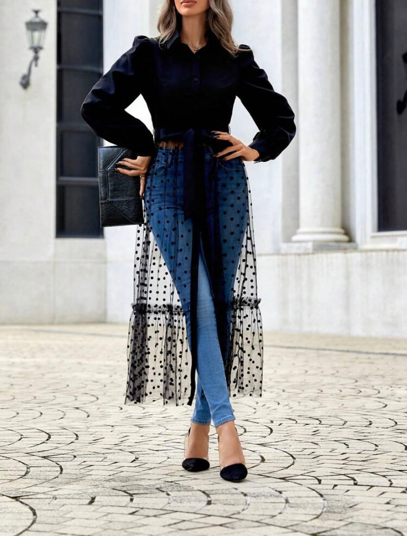CM-TS556510 Women Trendy Bohemian Style Polka Dot Flocked Mesh Hem Belted Shirt - Black