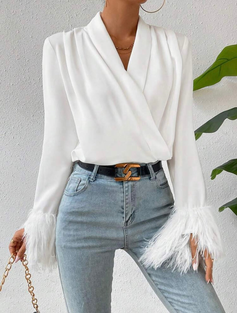 CM-TS554145 Women Elegant Seoul Style V-Neck Solid Fringe Cuff Wrap Blouse - White