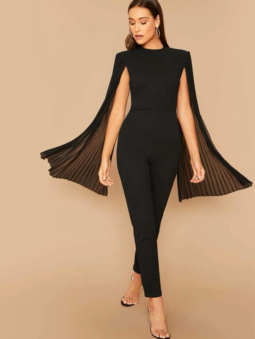 CM-JS923091 Women Elegant Seoul Style Round Neck Solid Pleated Cape Jumpsuit - Black