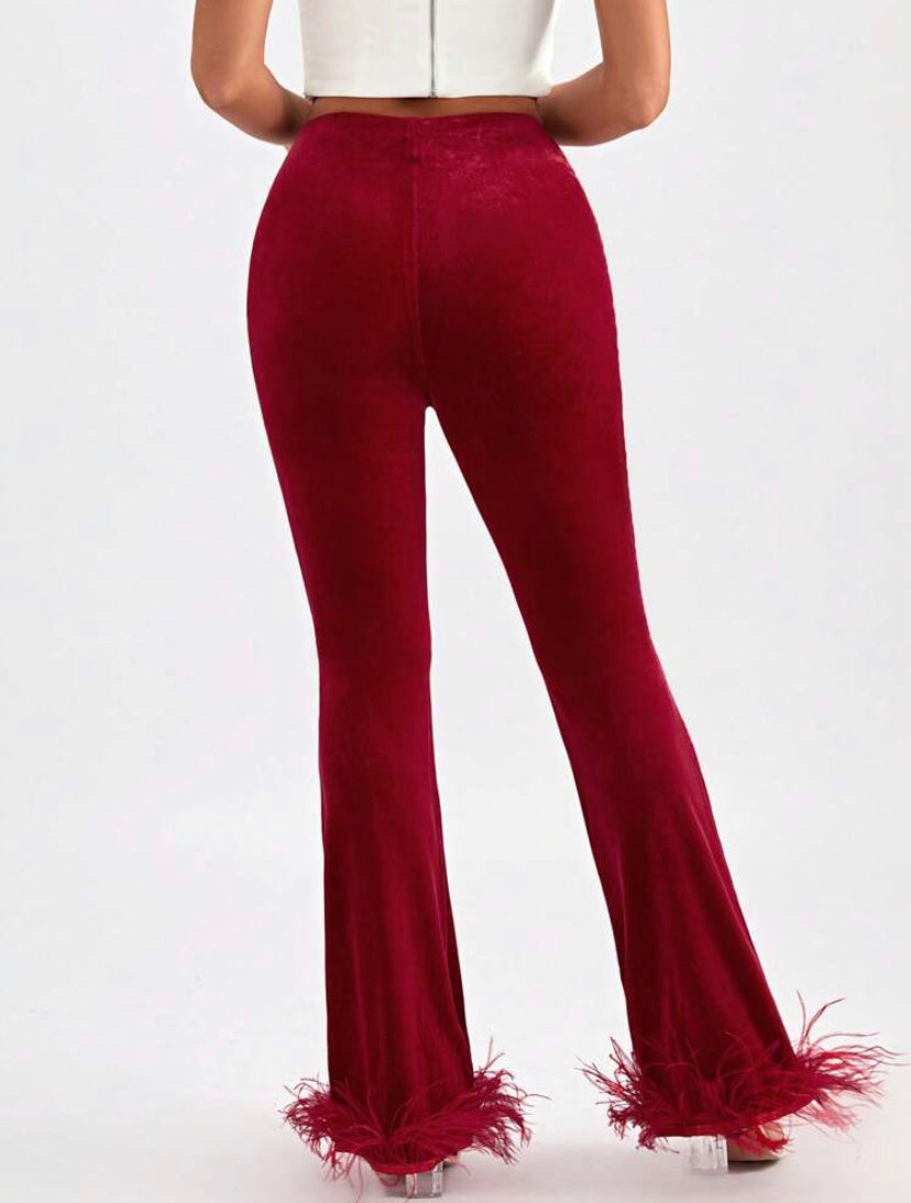 CM-BS913402 Women Elegant Seoul Style Fuzzy Hem Velvet Flare Leg Pants