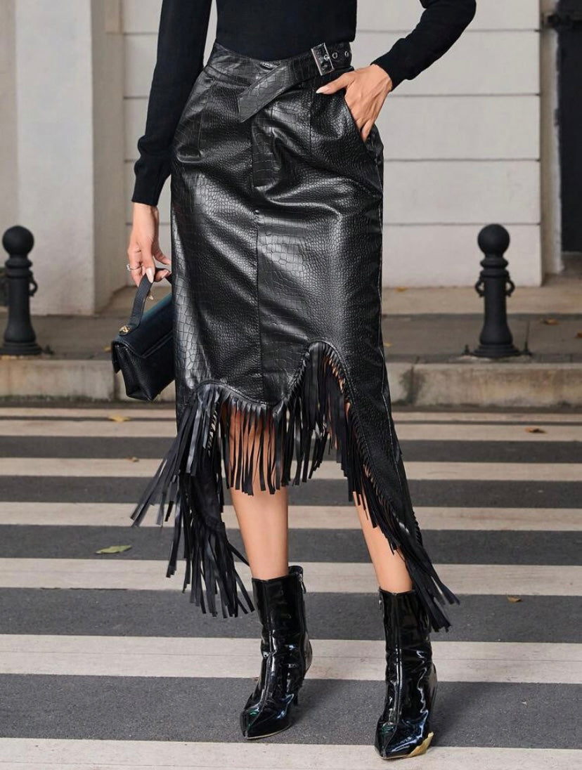 CM-BS241197 Women Elegant Seoul Style Fringe Hem PU Leather Skirt - Black