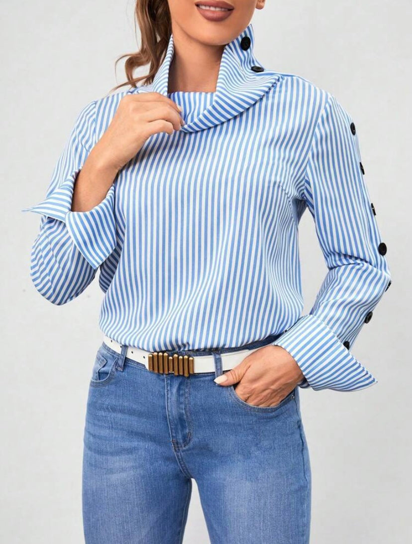 CM-TS363791 Women Casual Seoul Style Striped Print Button Detail High Neck Blouse