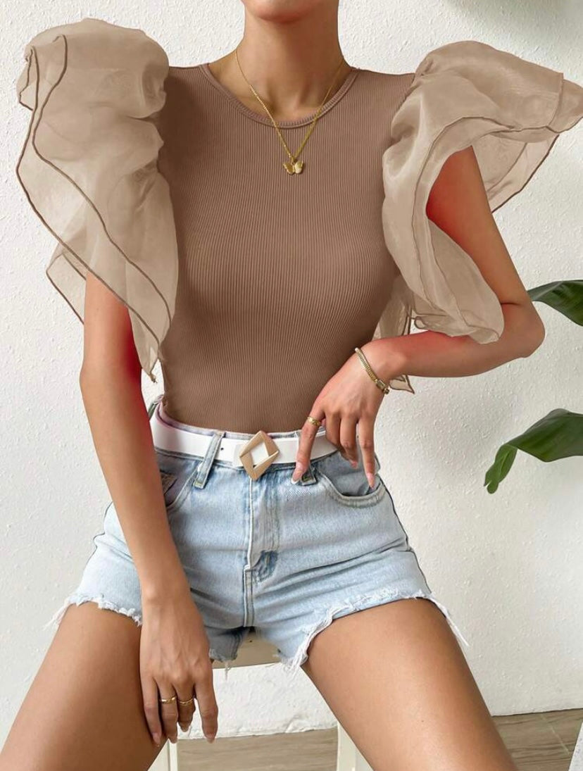 CM-TS121422 Women Casual Seoul Style Contrast Mesh Butterfly Sleeve Bodysuit - Coffee Brown
