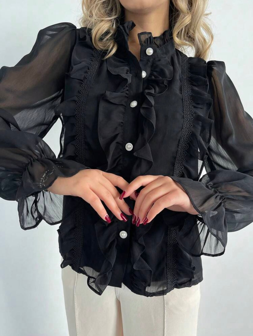 CM-TS320762 Women Elegant Seoul Style Flounce Sleeve Ruffle Trim Button Front Shirt