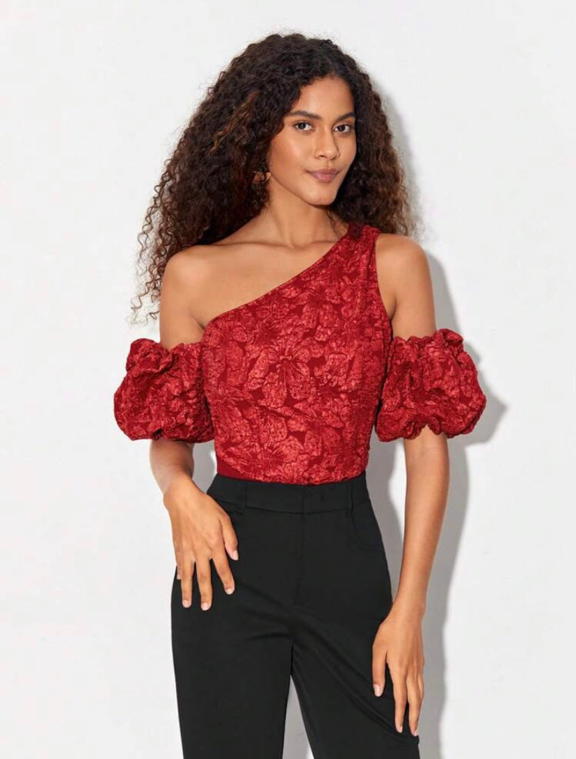 CM-TS749424 Women Elegant Seoul Style Asymmetrical Neck Puff Sleeve Jacquard Bodysuit