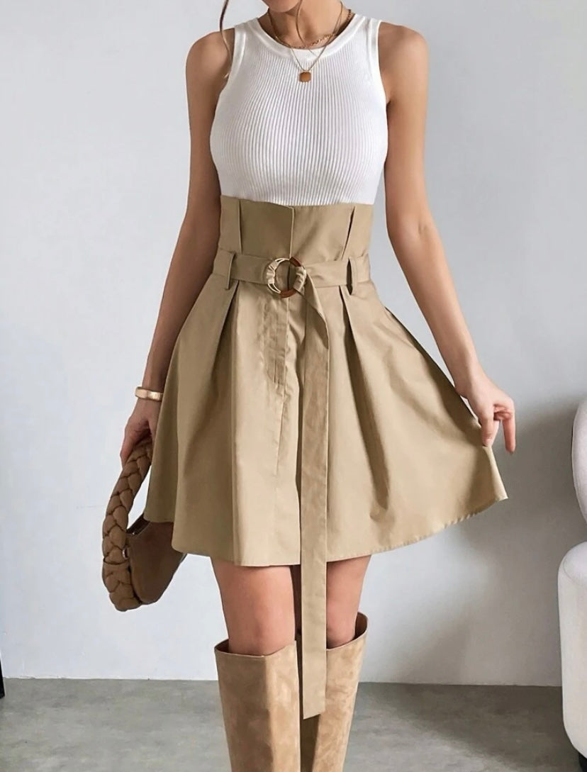 CM-BS890288 Women Casual Seoul Style Two Tone Fold Pleated Detail Belted Skirt
