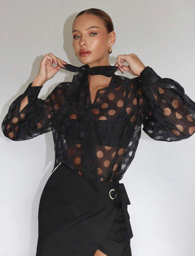 CM-TS948826 Women Elegant Seoul Style Tie Neck Lantern Sleeve Blouse - Black
