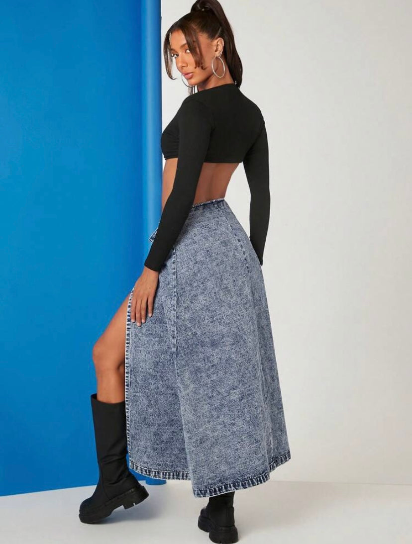 CM-BS140403 Women Preppy Seoul Style Button Front Split Thigh Denim Skirt - Blue
