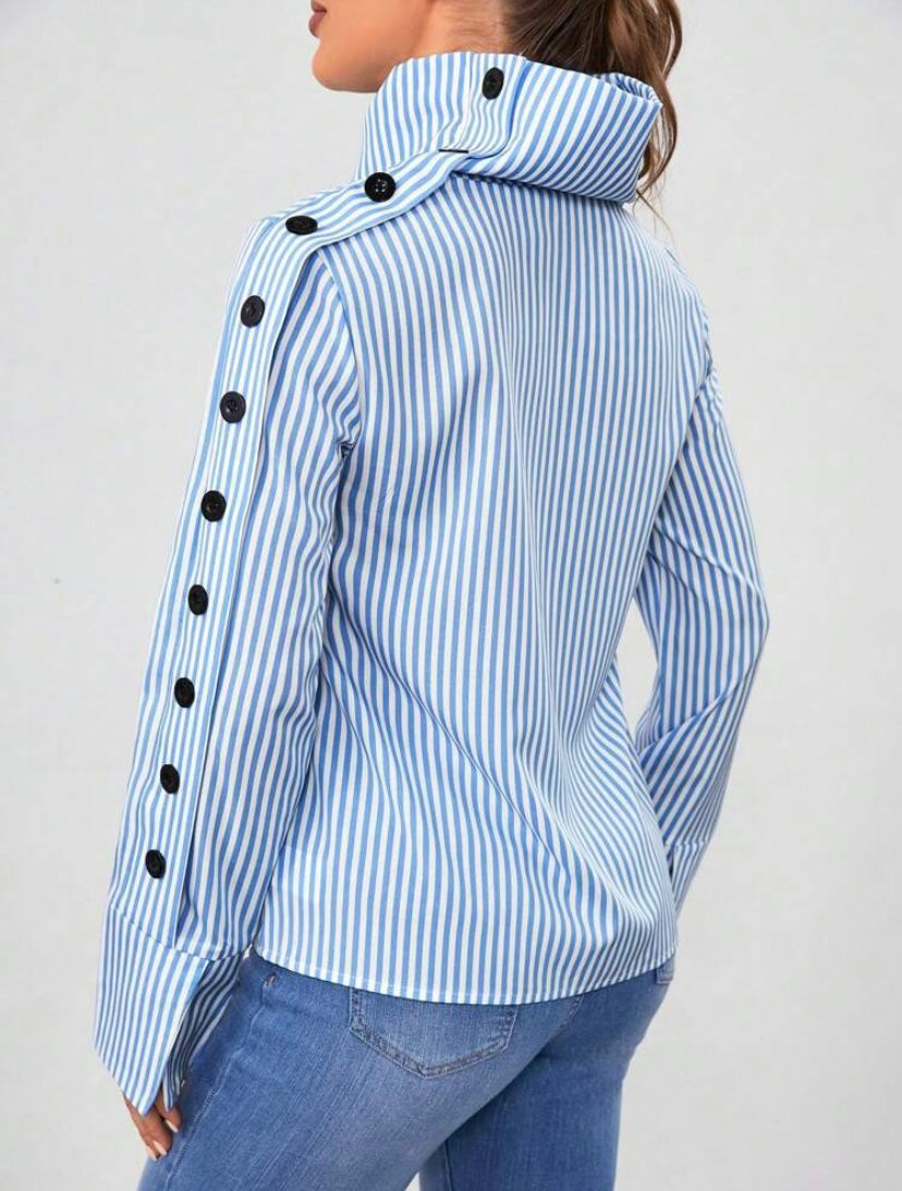 CM-TS363791 Women Casual Seoul Style Striped Print Button Detail High Neck Blouse